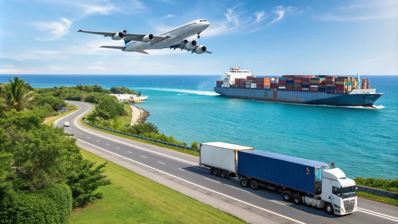 Various shipping methods: cargo ship, airplane, delivery truck