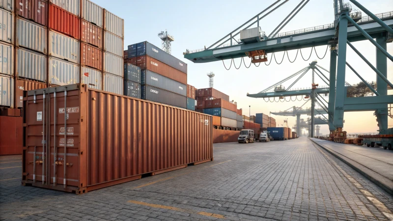 Shipping containers at a port with cranes in the background