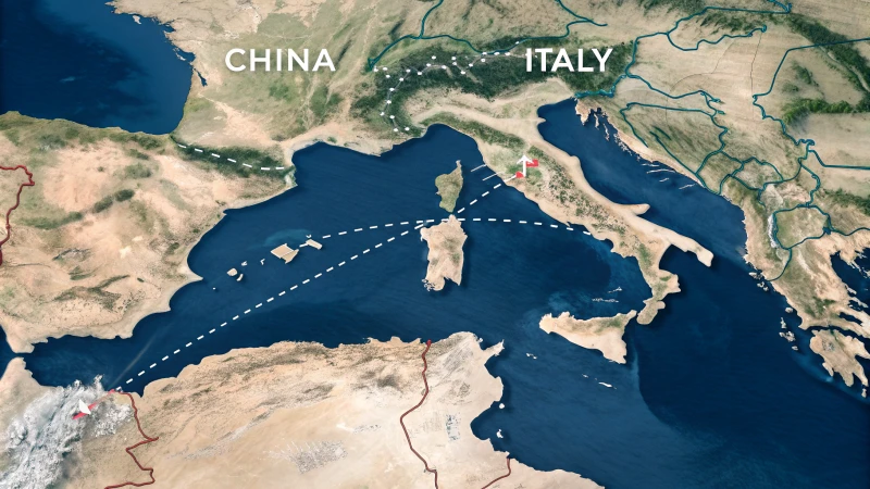 Map showing shipping routes from China to Italy