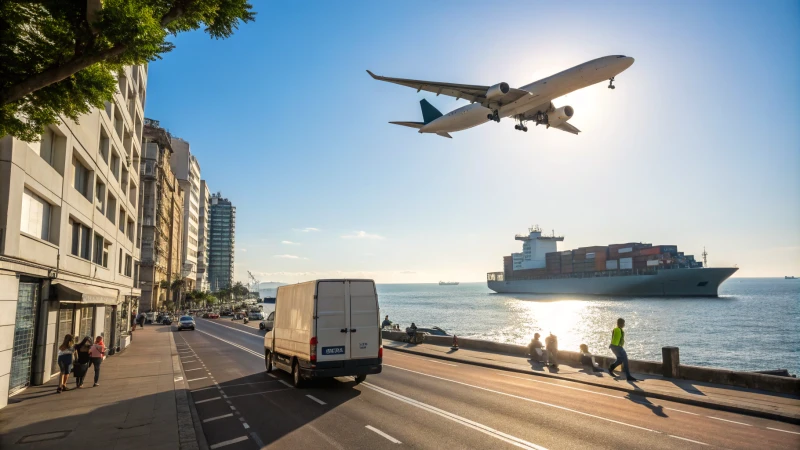 A scene showcasing an airplane, cargo ship, and delivery van representing global trade.