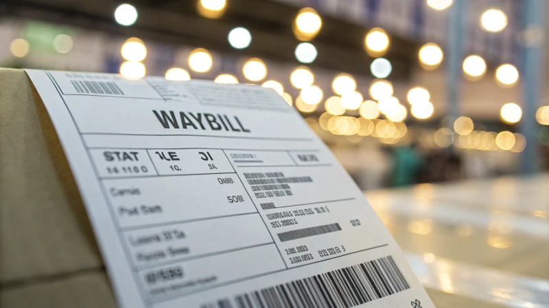 Close-up of a shipping waybill with a barcode and waybill number