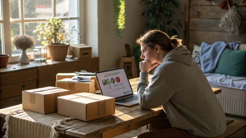 A person contemplating shipping options at a table with boxes.