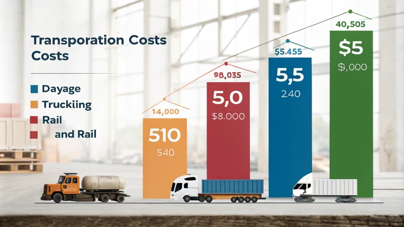 Photorealistic bar graph comparing transportation costs with icons of trucks and trains