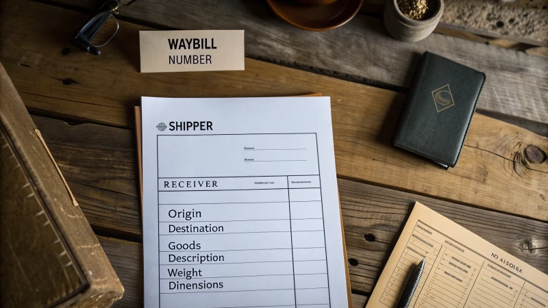 Photorealistic waybill document on a wooden table