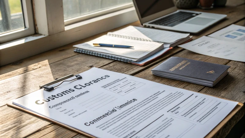 A wooden desk with customs clearance documents arranged neatly.