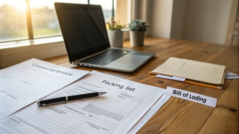 A wooden desk with shipping documents and a laptop.