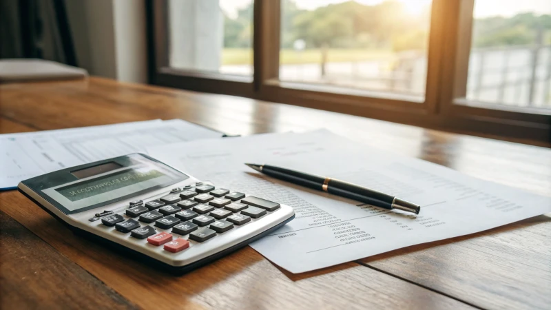 Close-up of a wooden desk with a calculator and shipping documents.