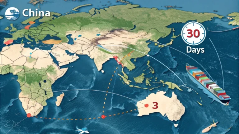 Detailed world map showcasing shipping routes from China