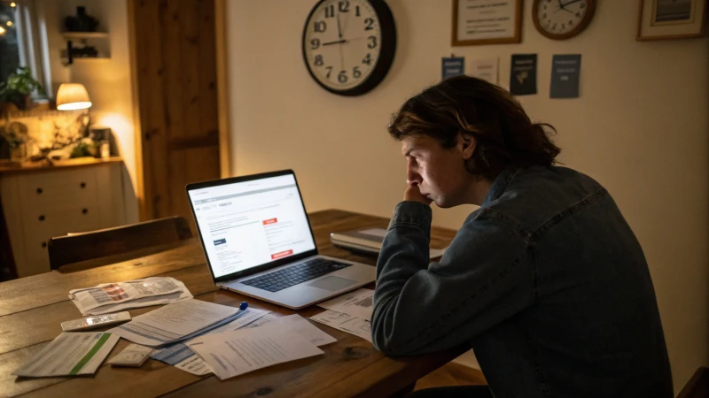 A worried person at a desk with a laptop showing shipment tracking