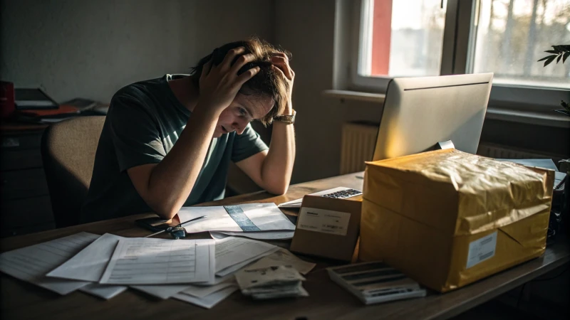 A worried person at a cluttered desk with paperwork